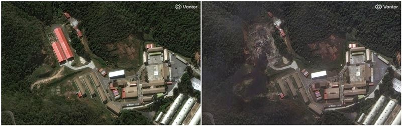 「馬杜洛藏身處」淪廢墟，蒂烏納堡被美軍空襲前（2025/12/22）後（2026/01/03）衛星照對比。（圖／路透）