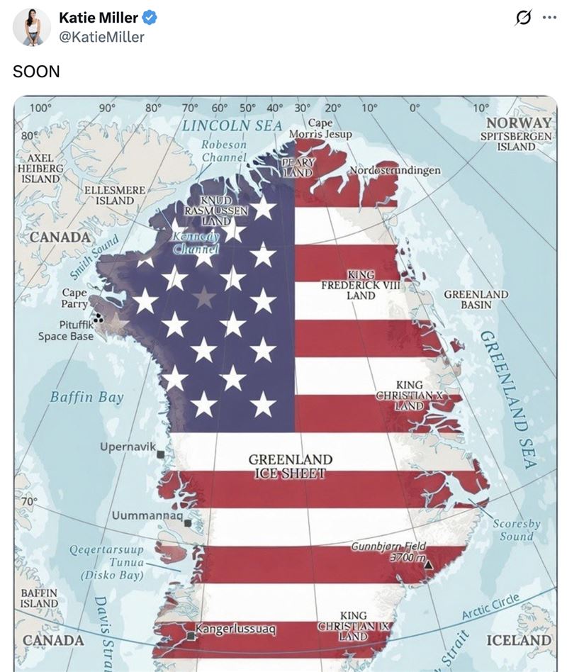 白宮副幕僚長史蒂芬米勒妻子發文暗示格陵蘭是下一個。（圖／翻攝自X平台@KatieMiller）