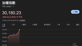 見證歷史！台股今（5）日盤中狂飆756點，加權指數衝上30106點，正式站穩3萬大關。權王台積電（2330）飆漲逾5%領軍，帶動半導體、記憶體族群全線噴紅，旺宏二、凌航、群創亮燈漲停。惟資金高度集中電子權值，導致櫃買指數與生技、玻璃等傳產族群遭資金排擠逆勢收綠。（圖／翻攝自Google網站） 