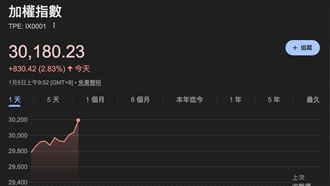 見證歷史！台股今（5）日盤中狂飆756點，加權指數衝上30106點，正式站穩3萬大關。權王台積電（2330）飆漲逾5%領軍，帶動半導體、記憶體族群全線噴紅，旺宏二、凌航、群創亮燈漲停。惟資金高度集中電子權值，導致櫃買指數與生技、玻璃等傳產族群遭資金排擠逆勢收綠。（圖／翻攝自Google網站） 