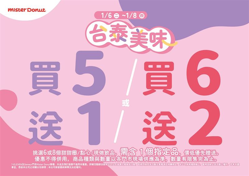 1月6日至1月8日期間購買指定甜甜圈可享買5送1及買6送2優惠。（圖／品牌業者提供）