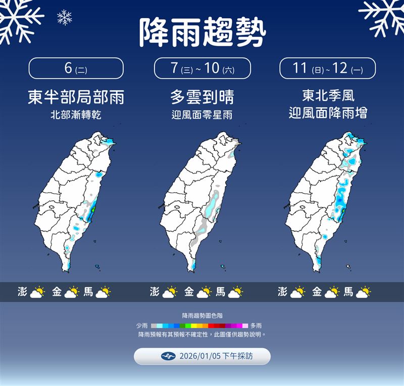 週末至下週有一波東北季風,預計水氣比冷氣團多。(圖/氣象署)