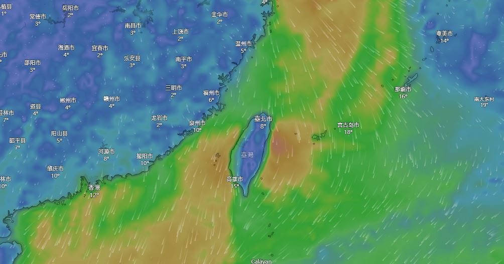 冷氣團來襲,北部低溫可能來到10度以下。(圖/翻攝自windy.com)