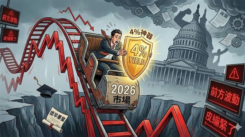 群益投信示警，2026年波動專殺散戶，雖有「金髮姑娘」行情但震盪劇烈。川普為保選票將維持流動性，聯準會因AI衝擊就業轉向降息。林宗慧點出唯一活路：鎖定美債4%殖利率，現為極佳甜蜜點與定海神針，抱緊這「神器」才能持盈保泰。（AI製圖）
