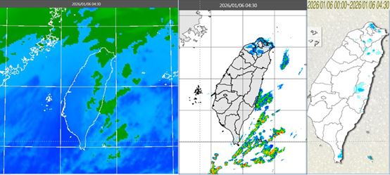 今晨4:30紅外線雲圖顯示，迎風面雲層雖多，但結構鬆散(左)。降水回波合成圖顯示，北部陸地及東半部海上有降水回波(中)。累積雨量圖顯示，北部及東半部零星降雨(右)