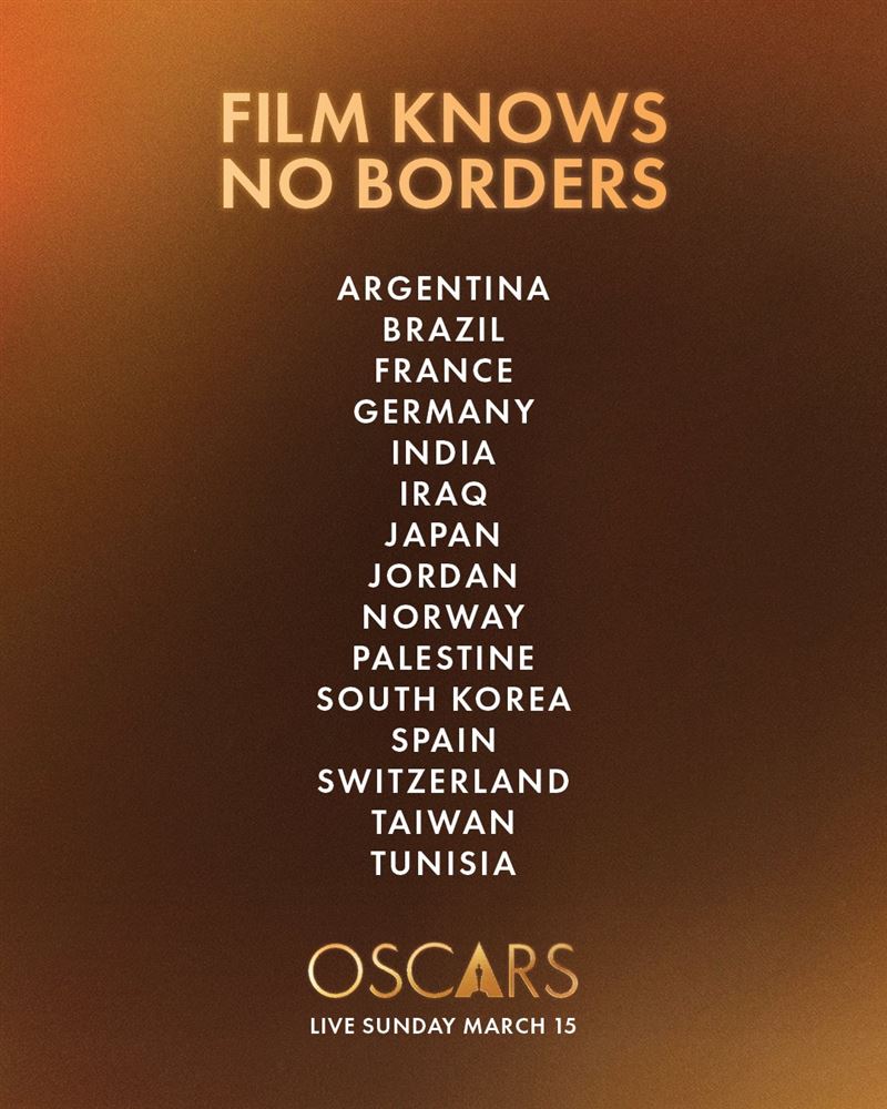 美國影藝學院5日在多個社群平台貼文，列出15部作品的出產國家，Taiwan與各國並列。（圖／翻攝自X平台 @The Academy）