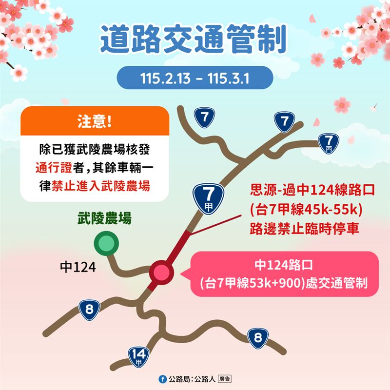 武嶺櫻花季2月13日至3月1日將實施全天候交通管制。（圖／公路局提供）