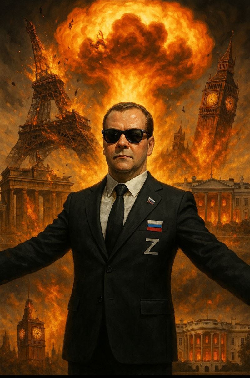 俄羅斯軍事網紅慶祝前總統梅德韋傑夫60歲大壽的AI生成圖，可見核彈炸毀了西方各國首都。（圖／翻攝自X平台 @aleksbrz11）