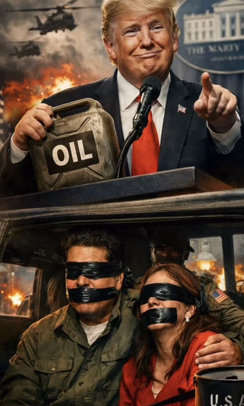 網友諷刺美國總統川普為了委內瑞拉石油，空襲該國、並將馬杜洛夫婦「綁架」的AI生成圖。（圖／翻攝自X平台 @Emeliarjl）