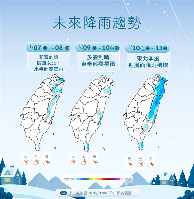 週日東北季風到來，北東迎風面出現雨勢。（圖／氣象署）
