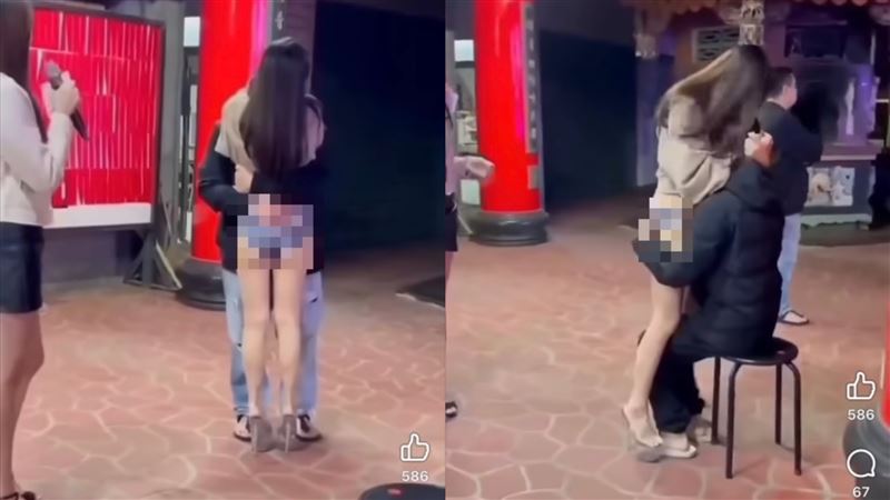 廟會辣妹提供台下男性觀眾將頭埋入自己懷中的服務，僅須給100元小費。（圖／爆漿2公社臉書）
