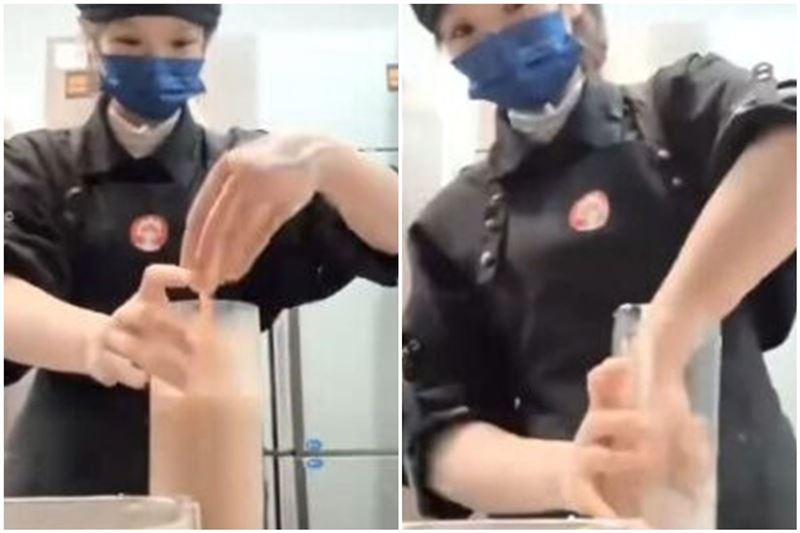 中國知名手搖品牌「霸王茶姬」因員工「手打奶茶」玩哏片遭炎上。（翻攝自微博）