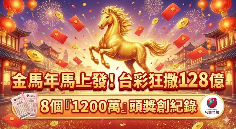 金馬年發財機會來了！台彩今（6）日推出首波 5 款刮刮樂新品，總獎金飆破 128 億元。限定款「1,200萬大吉利」頭獎 1,200 萬多達 8 個、二獎 200 個，雙雙打破歷年紀錄，中獎率高達 70%。另有百元款「馬年行大運」，中獎率 50.1% CP 值超高，民眾快把握機會刮出千萬大紅包！（AI製圖）