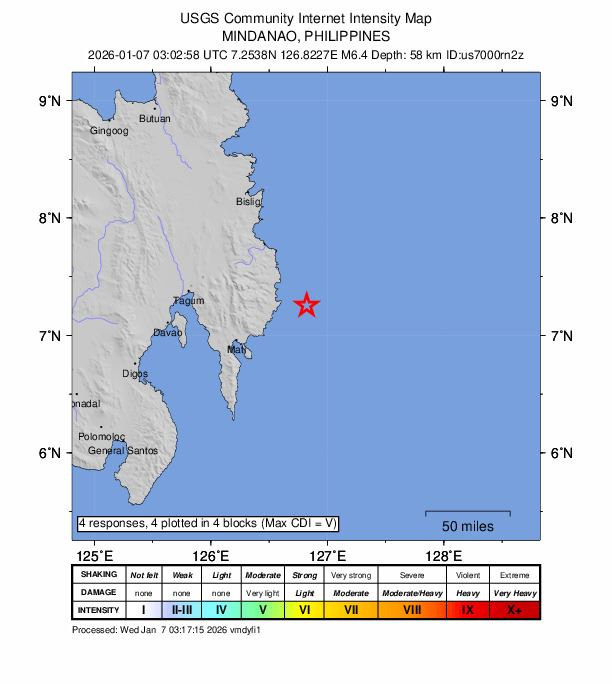 菲律賓驚傳「規模6.4」地震，深度58.5公里。（圖／翻攝自美國地質調查局官網）