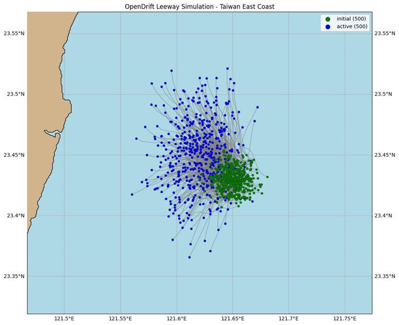 粉專分享網友利用OpenDrift模擬，推算出的可能「漂流點」。（圖／翻攝自Taiwan ADIZ臉書）
