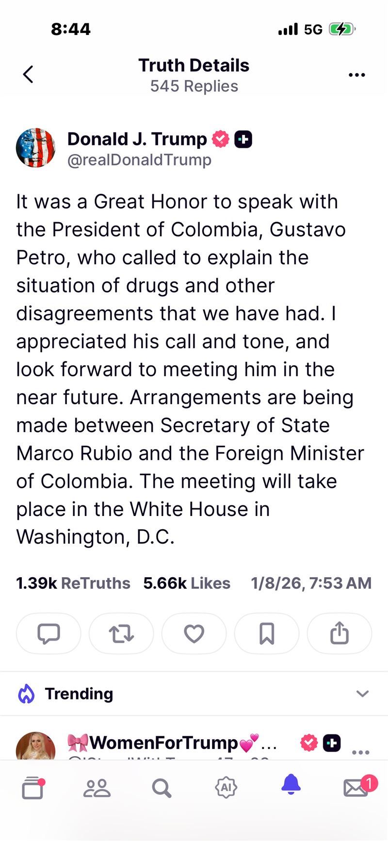 美國總統川普於7日晚間PO文稱，與哥倫比亞總統裴卓通話，除了感謝對方打來解釋毒品問題，也宣布兩人將在白宮會面。（圖／翻攝畫面）