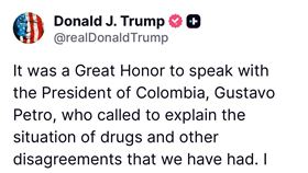 美國總統川普於7日晚間PO文稱，與哥倫比亞總統裴卓通話，除了感謝對方打來解釋毒品問題，也宣布兩人將在白宮會面。（圖／翻攝畫面）