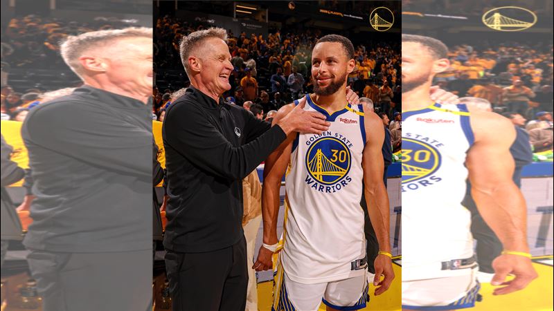 勇士總教練柯爾（Steve Kerr）、球星柯瑞（Stephen Curry）。（圖／翻攝自X平台 @warriors）