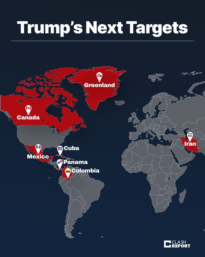 繼委內瑞拉之後,川普可能動手的目標,從上到下,從左至右,分別是:格陵蘭、加拿大、墨西哥、古巴、巴拿馬、哥倫比亞、伊朗。(圖/翻攝自X平台 @clashreport)