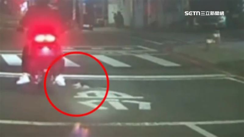 小貓趁停紅綠燈時，鑽到機車車底下，後方目睹一切的員警趕快用廣播叫機車騎士「不要動」