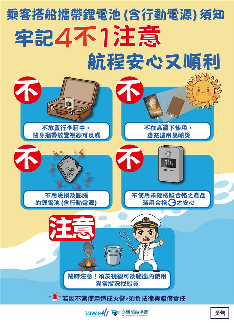 搭船攜帶行動電源4不1注意。（圖／航港局提供）