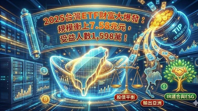 台灣ETF市場2025年大爆發，規模衝上7.58兆元，受益人數突破1,598萬。幕後推手臺灣指數公司（TIP）祭出三大引擎：首推「股債平衡」新指數滿足避險需求；響應亞洲資產中心政策，成功將台股指數輸出日本、泰國；並透過「IR議合平台」深化ESG投資，全方位壯大台灣資本市場價值。（AI製圖）