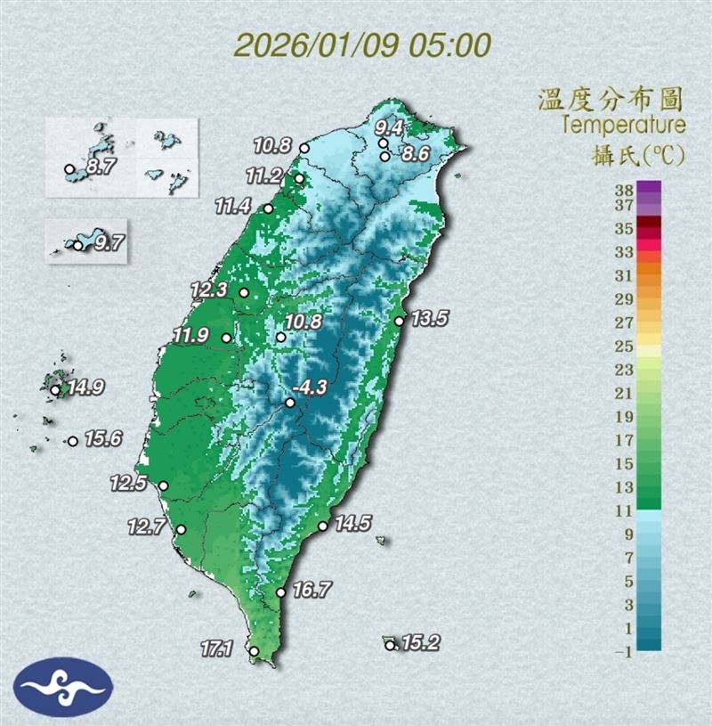 今日清晨全台凍番薯，雙北低溫跌破6℃。（圖／翻攝自中央氣象署）