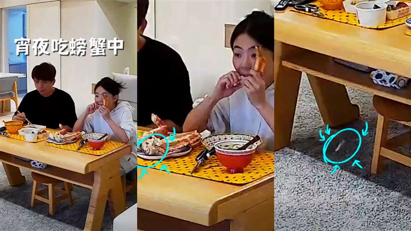 二伯宵夜嗨嗑大閘蟹，下秒「門牙貼片斷掉噴飛」。（圖／翻攝自蔡阿嘎、二伯臉書）