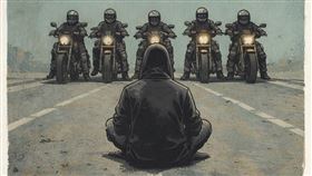 伊朗示威潮中，一名兜帽男子隻身阻擋軍警部隊的身影，在社群上被加工成支持反政府行動的海報。（圖／翻攝自X平台 @fightforpersia）