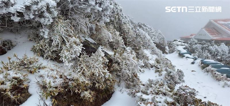 強烈大陸冷氣團持續發威，嘉明湖步道、嘉明湖山屋也迎來皚皚白雪。（圖／嘉明湖熊企業社出沒提供）