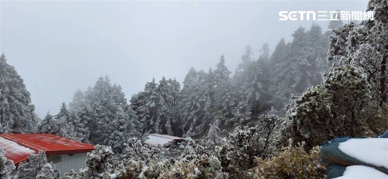 強烈大陸冷氣團持續發威，嘉明湖步道、嘉明湖山屋也迎來皚皚白雪。（圖／嘉明湖熊企業社出沒提供）