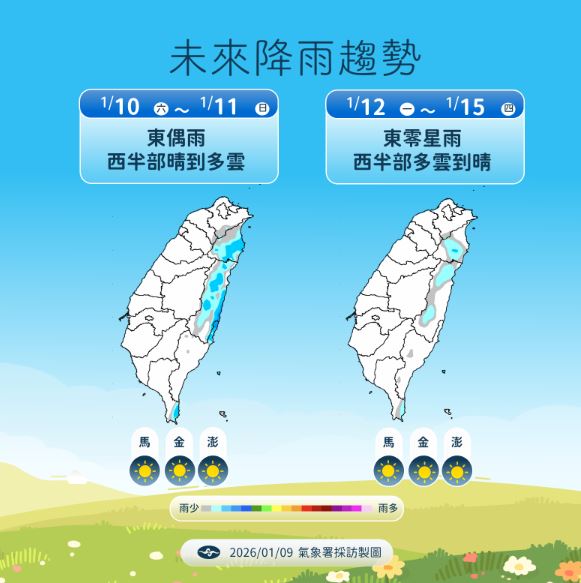 冷氣團減弱後,各地天氣也轉成多雲到晴為主。(圖/氣象署)