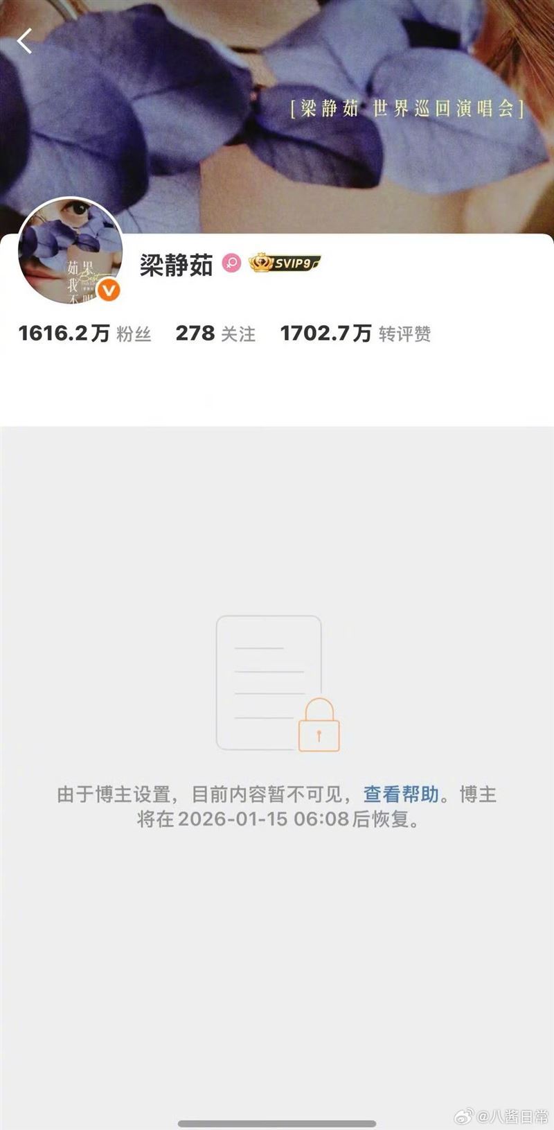 梁靜茹關閉微博，引發網友討論。（圖／翻攝自微博）