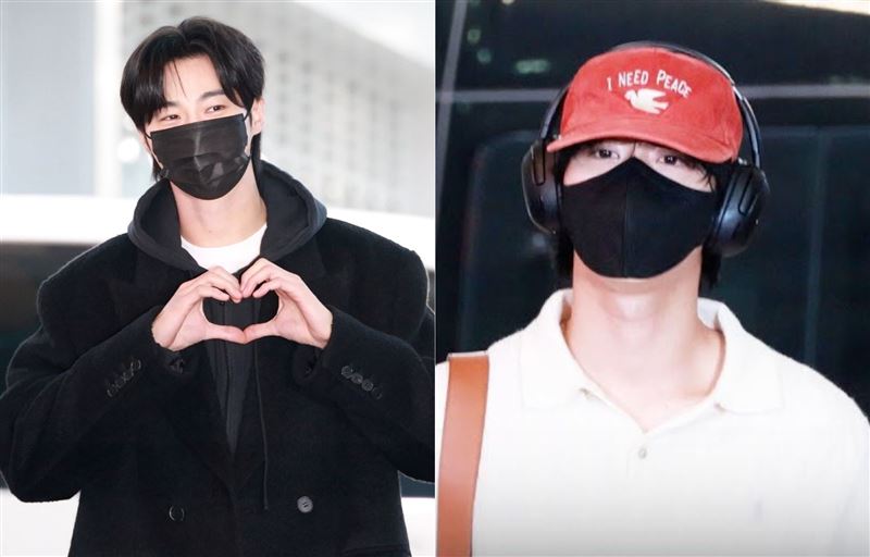 邊佑錫（左）、安孝燮（右）擔任金唱片頒獎人，今早壓線來台。（圖／翻攝自Newsen）