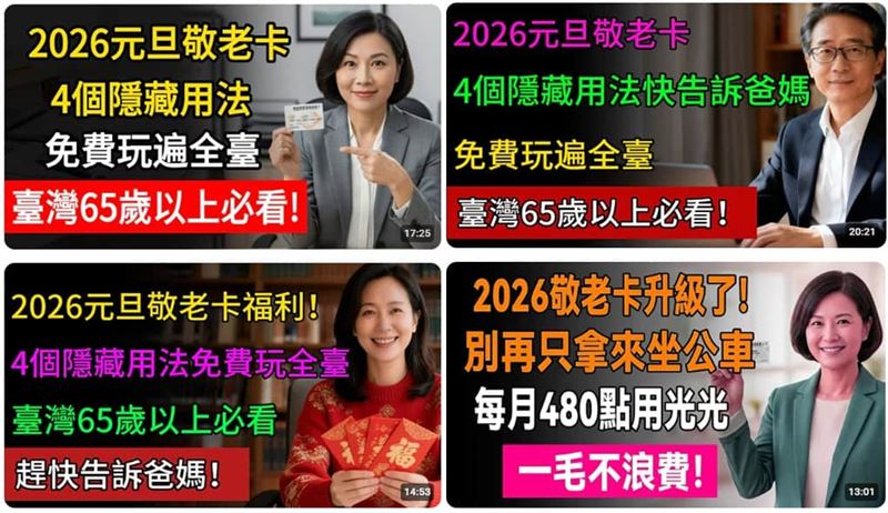近期多個YT頻道近期發布AI影片，宣稱2026年起敬老卡功能將升級。（圖／翻攝自事實查核中心官網）