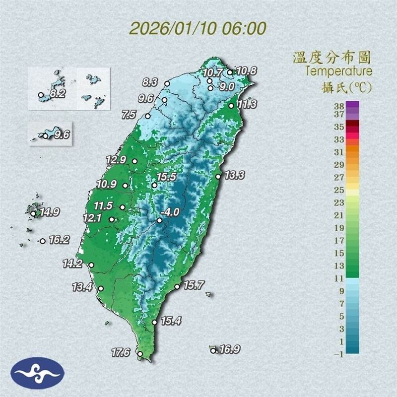 溫度分布圖顯示，基隆昨日清晨僅有10.8度。（圖／翻攝自中央氣象署）