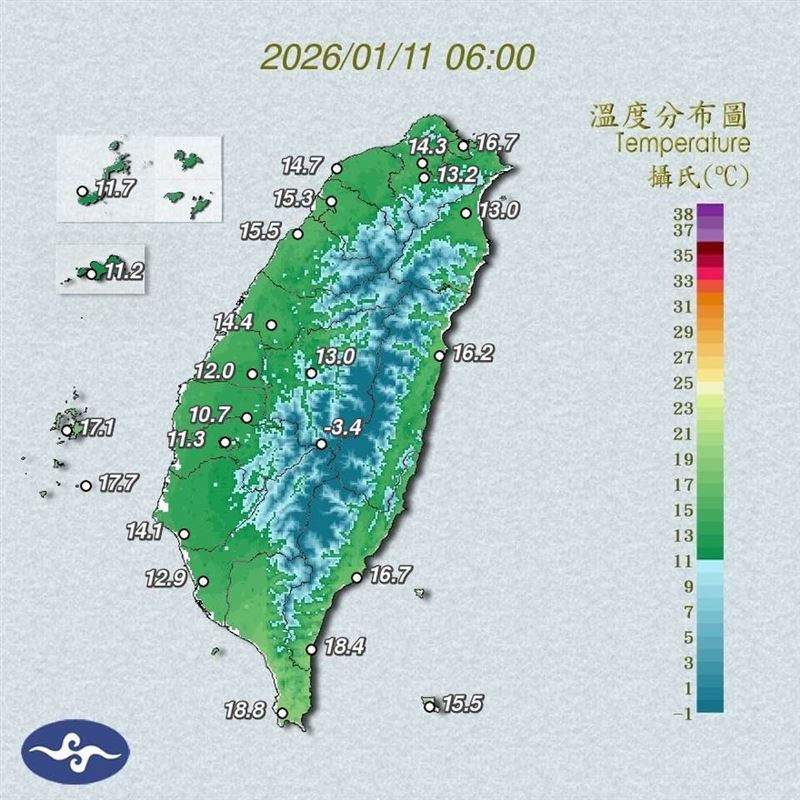 今日同一時間，基隆清晨有16.7度。（圖／翻攝自中央氣象署）