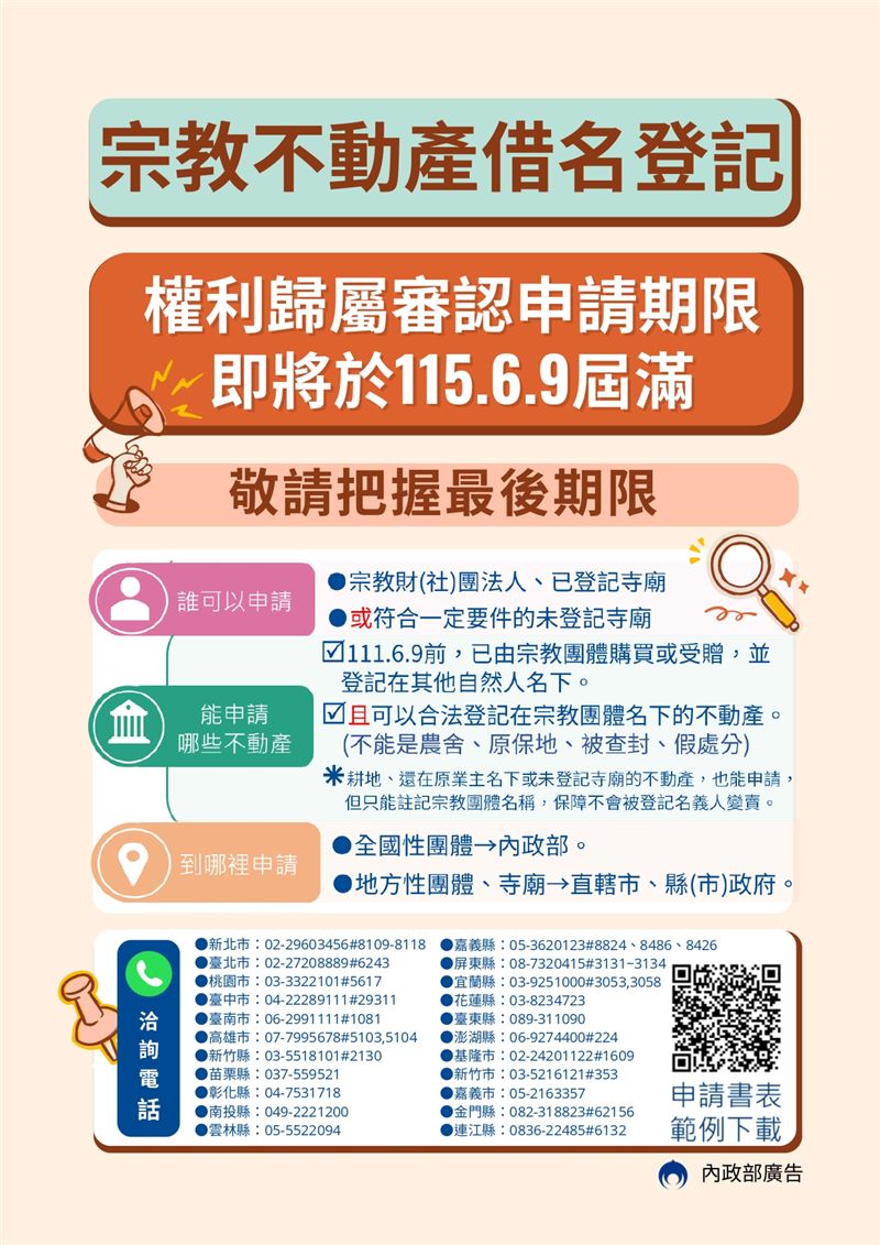 內政部提醒，宗教團體不動產權利歸屬審認的申請期限，將於今年6月9日屆滿。（圖／內政部提供）