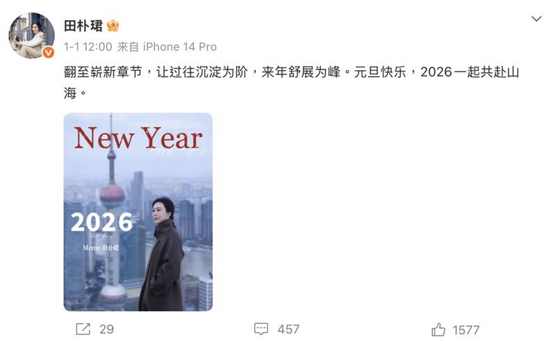 田朴珺元旦發獨照有感而發，被外界解讀成婚變。（圖／翻攝自田朴珺微博）