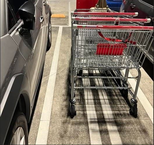 一名網友抱怨，她逛完好市多準備開車時發現，賣場推車胡亂堆置，使她無法從駕駛座上車，只能從副駕駛座爬進。(圖／取自好市多商品經驗老實說)