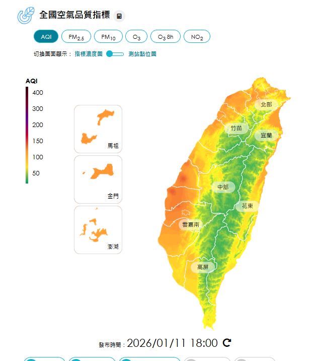 台灣北部與離島空品轉為橘燈,中南部則受限於地形使污染物難以擴散,導致空氣品質明顯轉差。(圖/環境部官網)