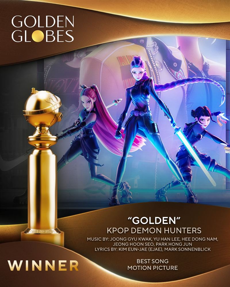 《Kpop 獵魔女團》主題曲〈Golden〉獲得最佳原創歌曲獎。（圖／翻攝自X平台 @Golden Globes）
