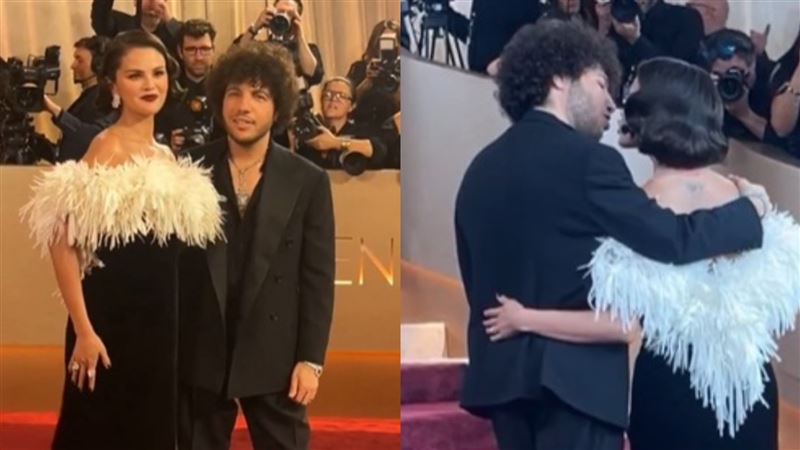 席琳娜&middot;戈梅茲（Selena Gomez）和老公班尼布蘭科（Benny Blanco）一起步上金球獎紅毯。（圖／翻攝自X平台 @Golden Globes）