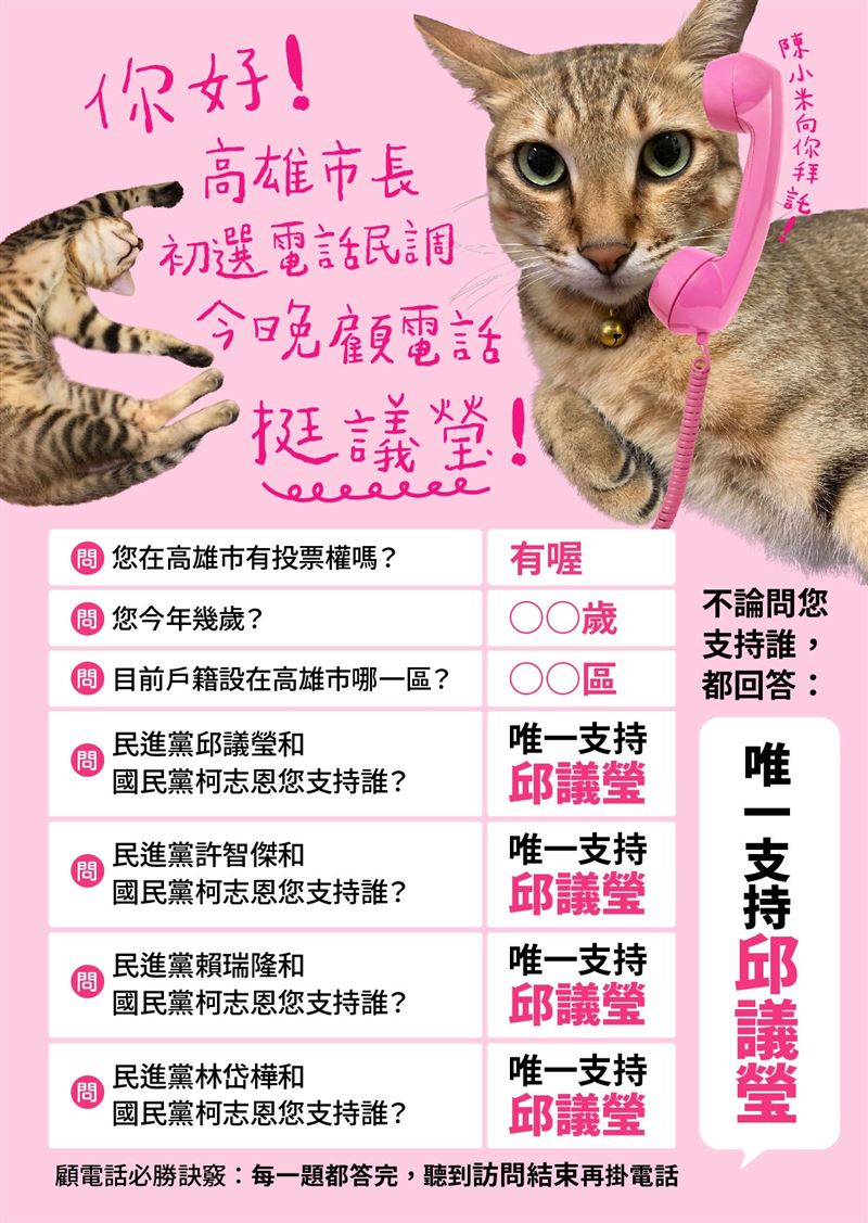 邱議瑩請出陳其邁愛貓陳小米。（圖／翻攝自邱議瑩臉書）