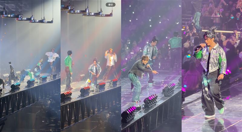 TORO在移動舞台時地板動作轉腰時受傷，畫面被許多現場民眾捕捉。（組合圖／讀者提供）