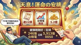 一切都是天意！威力彩連22摃，剛好趕上台積電股價飆高，頭獎累積至下期（1月15日）的5.2億元，銀彈「剛剛好」夠你進場。若獨得這筆鉅款，可狂掃246張台積電或5,913張0050，真正讓你富到流油。別錯過這命運的安排，週四買一張，下半輩子靠股利過活！（AI製圖）