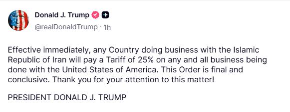 川普出手,宣布和伊朗貿易的國家都加徵關稅。(圖/取自truth social)