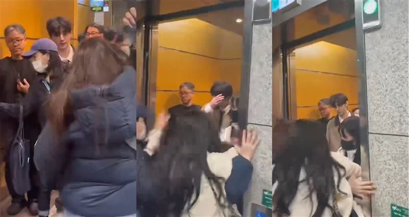 私生飯們阻擋朴成訓在升降電梯口,場面一度相當混亂。(組合圖/翻攝自微博)