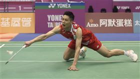 台北羽球賽 周天成銀恨（2）台北羽球公開賽11日壓軸登場的男單決賽，「台灣一哥」周天成（圖）在拚戰69分鐘後，仍以14比21、21比15、20比22不敵「新加坡一哥」駱建佑，無緣男單冠軍。周天成打得艱辛，多次撲地救球。中央社記者吳家昇攝 114年5月11日