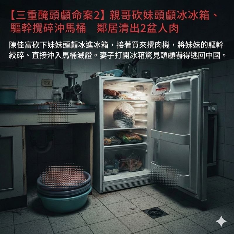 【三重醃頭顱命案2】親哥砍妹頭顱一開始冰冰箱、驅幹用絞肉機攪碎沖馬桶，不知情樓下鄰居清出「2盆人肉」。（圖／AI 生成示意圖）